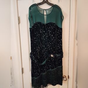 Unique Vintage Green Velvet Dress Silver Rhinestone Accents Dropped Waist 1X/16